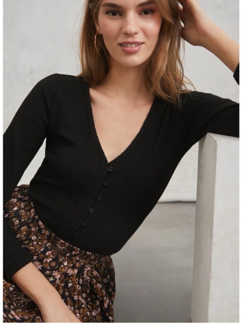 Nwot  Maeve Meryl Button Front
Ribbed Long Sleeve Knit
Top Black fall sparkle